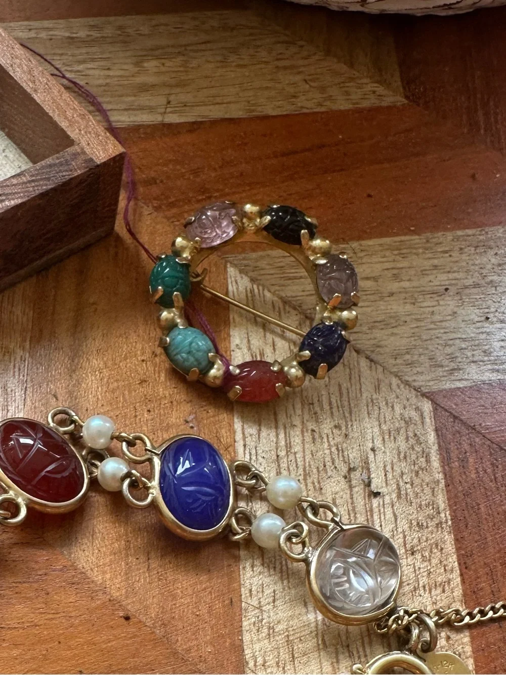 Vintage Scarab Brooch with Semi Precious Gemstones